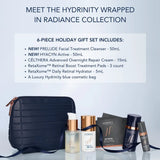 Hydrinity Wrapped in Radiance 6-piece holiday gift set contents list with the products and navy cosmetic bag
