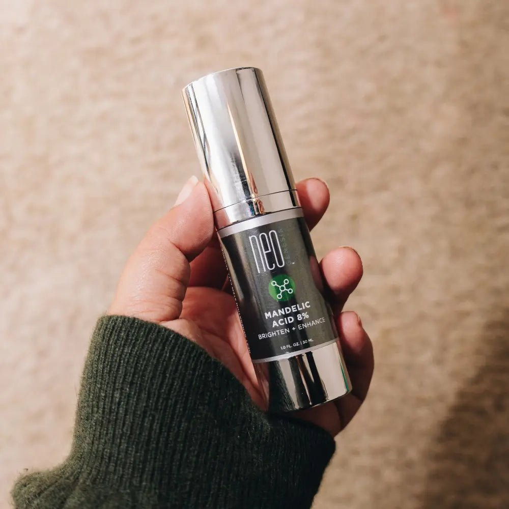 Neogenesis Mandelic Acid 8% on a woman's hand - Your Skincare Source
