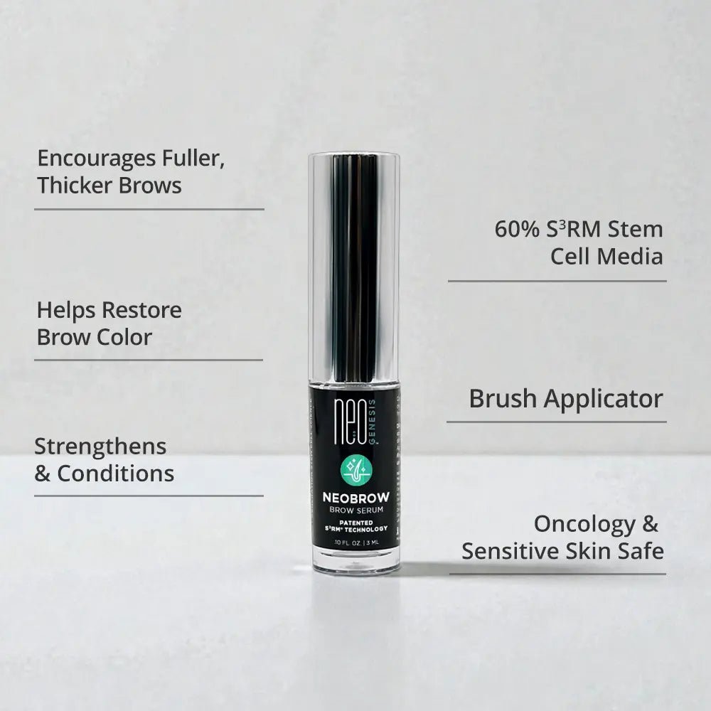 Neobrow eyebrow serum with product details on a light gray background