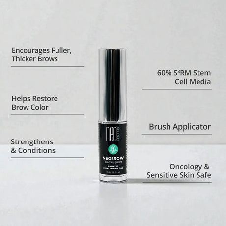 Neobrow eyebrow serum with product details on a light gray background