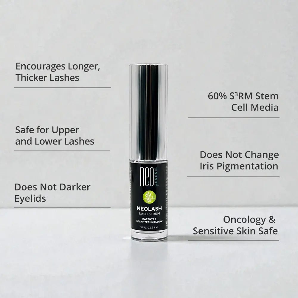 Neolash eyelash serum bottle with product features on a light gray background