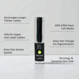 Neolash eyelash serum bottle with product features on a light gray background