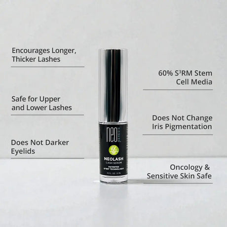 Neolash eyelash serum bottle with product features on a light gray background