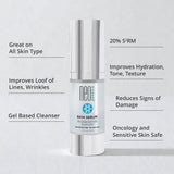 Neoferesis skin serum bottle with text highlighting its benefits on a light gray background