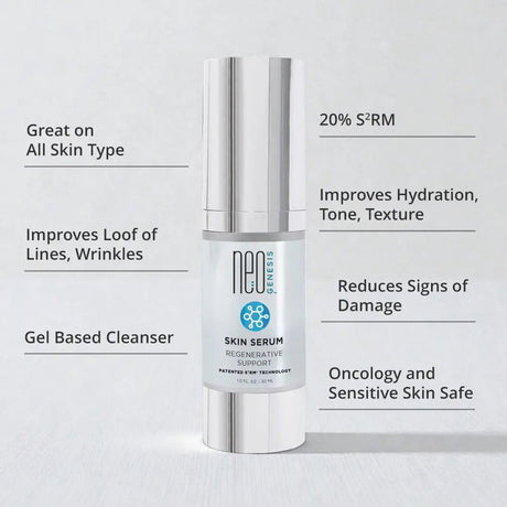 Neoferesis skin serum bottle with text highlighting its benefits on a light gray background