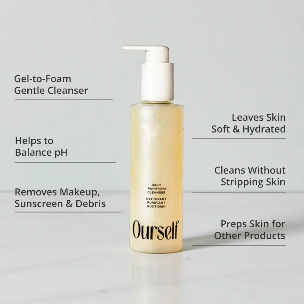 Bottle of 'Ourself' daily purifying cleanser with bensfits on a gray background