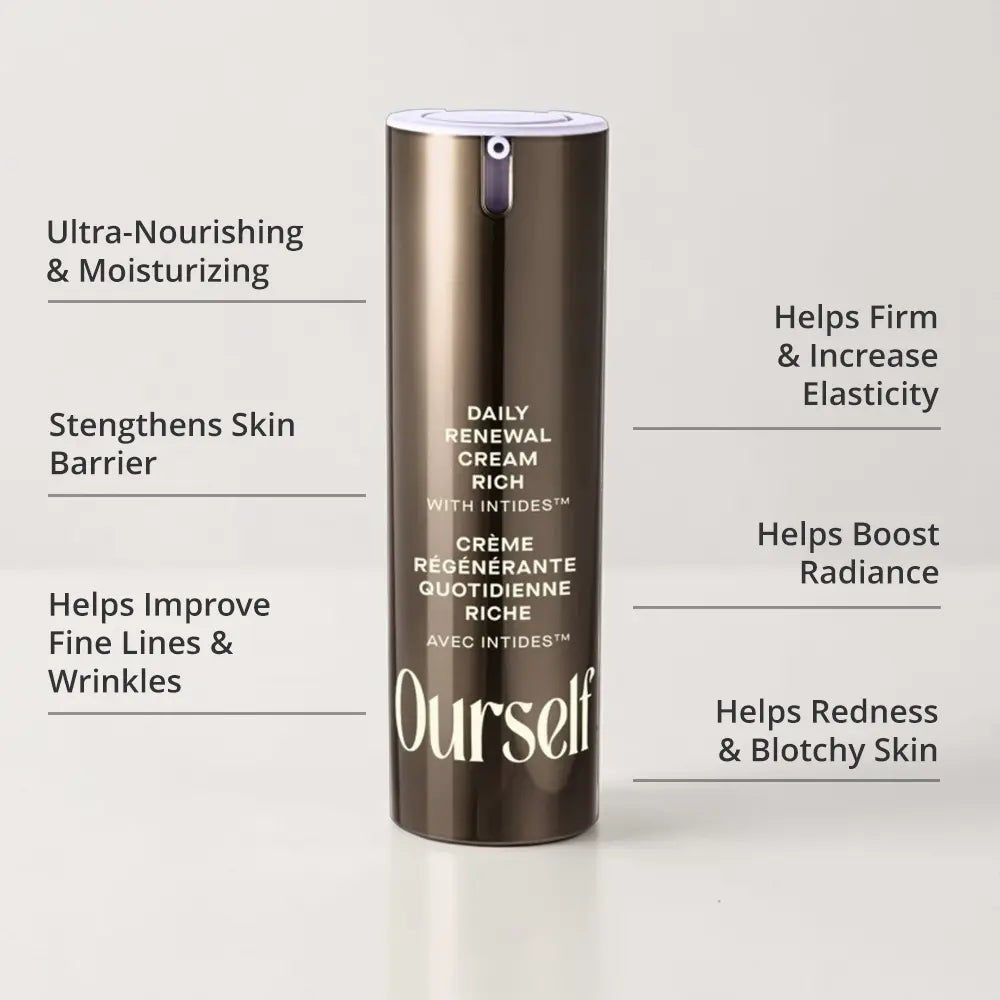 Ourself Daily Renewal Cream Rich with text highlighting benefits on a light gray background
