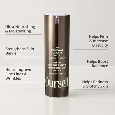 Ourself Daily Renewal Cream Rich with text highlighting benefits on a light gray background