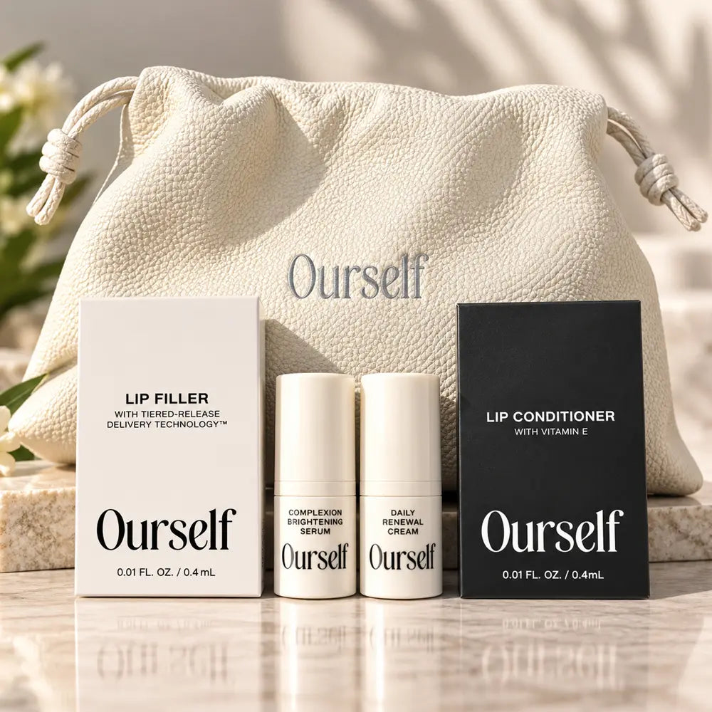 Deluxe travel set with Ourself skincare products and a cream drawstring cosmetic bag