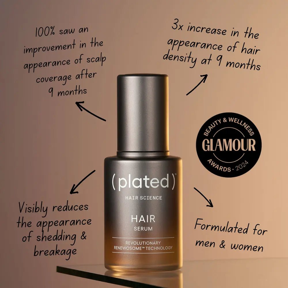 Plated hair serum bottle with text highlighting benefits and awards on a beige background