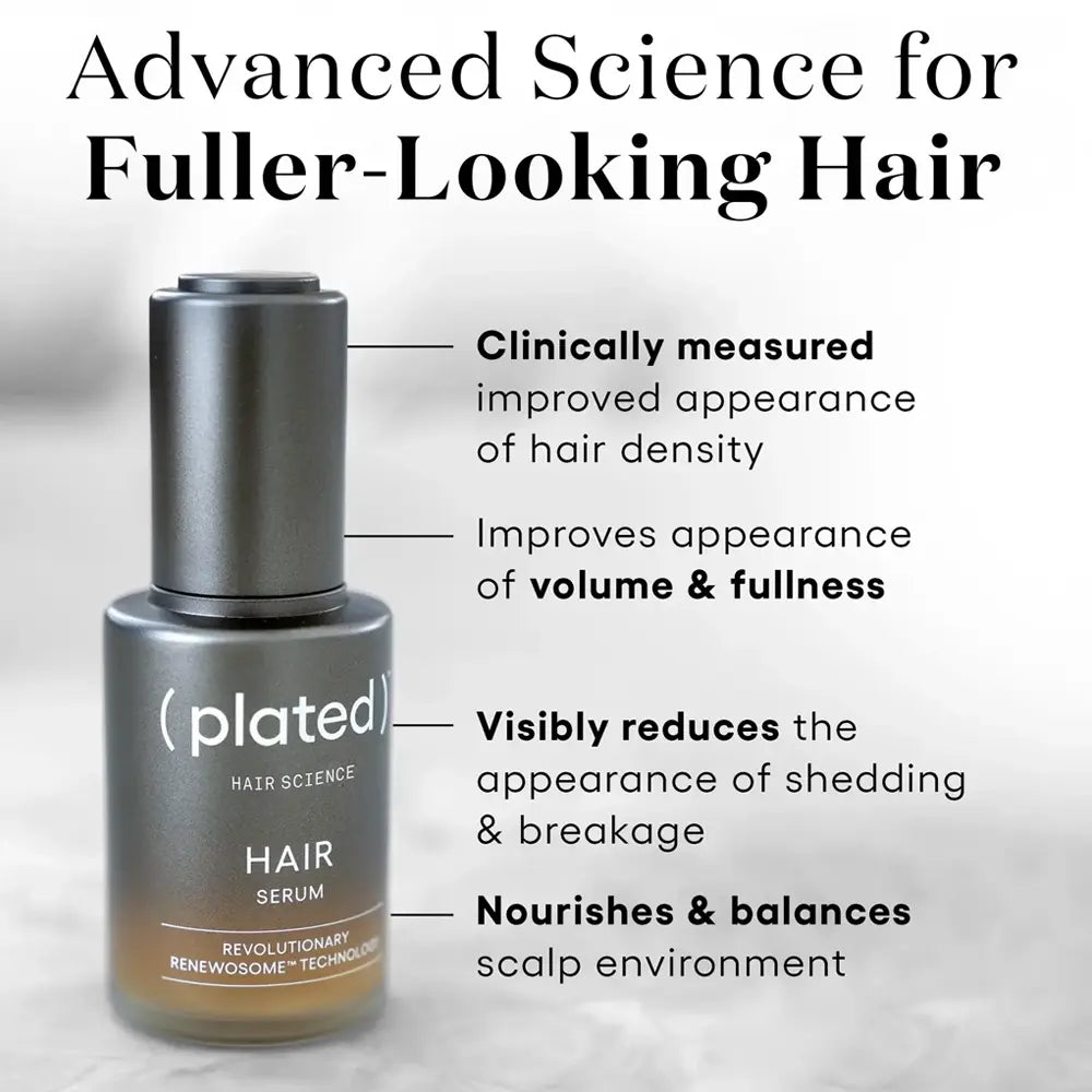 Plated hair serum bottle with text highlighting benefits on a light background