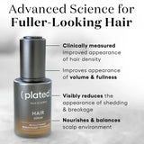 Plated hair serum bottle with text highlighting benefits on a light background