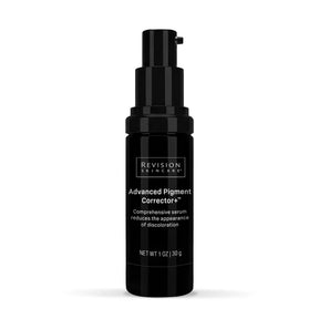 A black pump bottle of Revision Skincare Advanced Pigment Corrector+ serum, shown against a plain white background.
