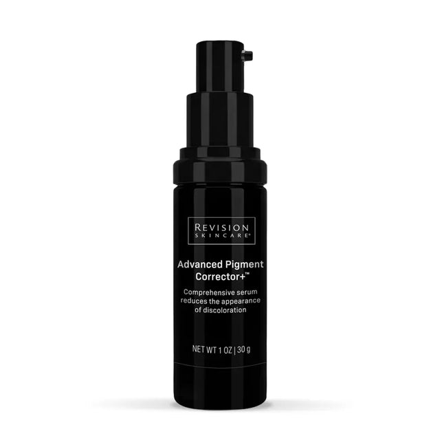 A black pump bottle of Revision Skincare Advanced Pigment Corrector+ serum, shown against a plain white background.
