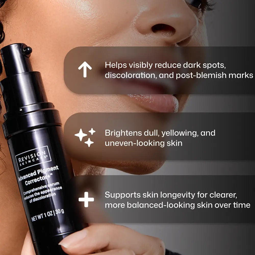 A close-up of a person's face holding a Revision Skincare Advanced Pigment Correction pump bottle with skin benefits: reducing dark spots and discoloration, brightening dull/yellowing skin, and supporting clearer, more balanced-looking skin over time.