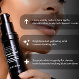 A close-up of a person's face holding a Revision Skincare Advanced Pigment Correction pump bottle with skin benefits: reducing dark spots and discoloration, brightening dull/yellowing skin, and supporting clearer, more balanced-looking skin over time.
