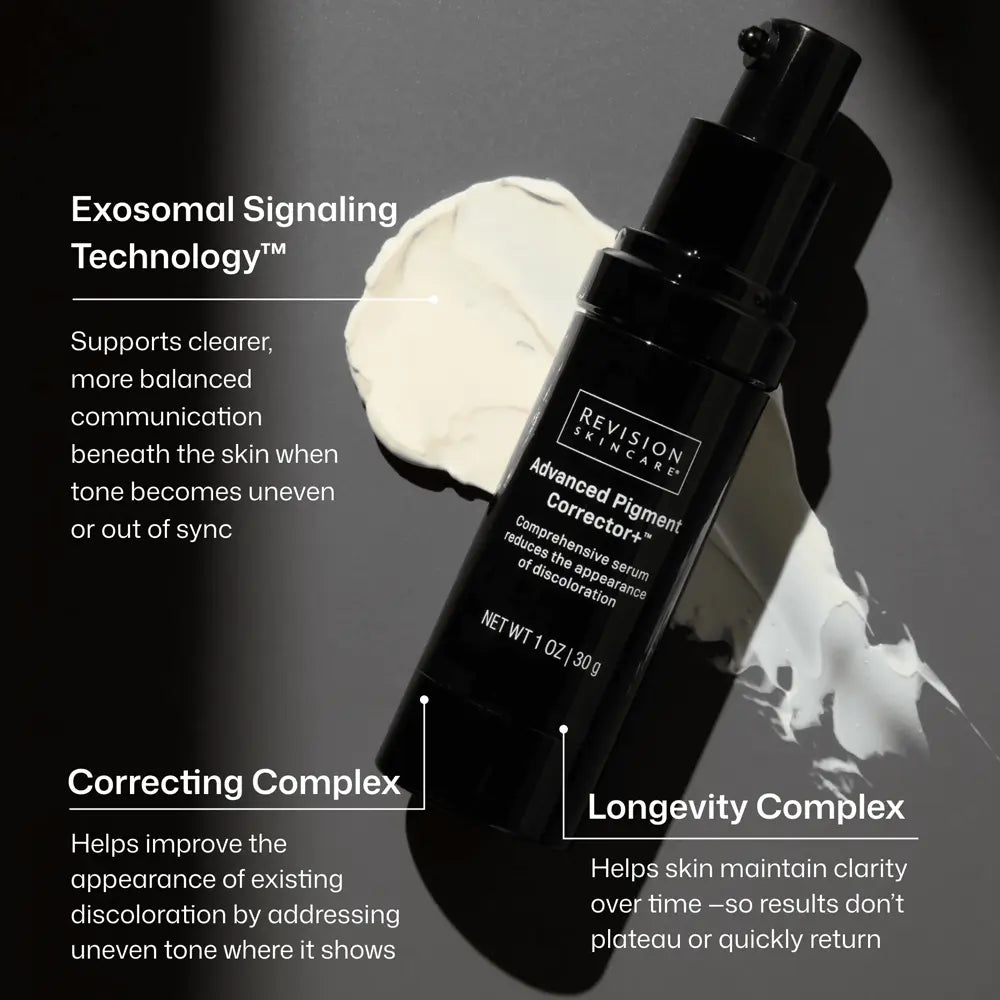 Revision by Revision Advanced Pigment Corrector + serum bottle with white cream swirls on a dark background, surrounded by product ingredient benefits.