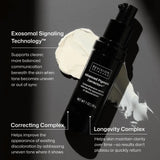 Revision by Revision Advanced Pigment Corrector + serum bottle with white cream swirls on a dark background, surrounded by product ingredient benefits.