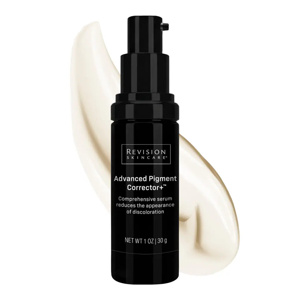 Revision Skincare Advanced Pigment Corrector+ serum in a black pump bottle, shown with a cream-colored product smear behind it on a white background.