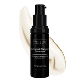 Revision Skincare Advanced Pigment Corrector+ serum in a black pump bottle, shown with a cream-colored product smear behind it on a white background.