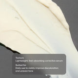 A close-up of a Revision Skincare Advanced Pigment Corrector+ product swatch on a dark gray background, with a semi-transparent text box describing its texture and suitability as a corrective serum.