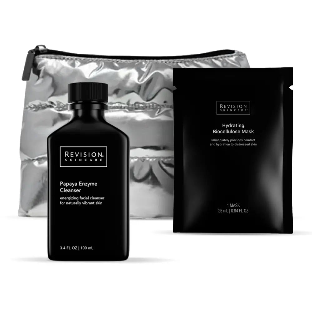 Gift- Revision Papaya Cleanser Travel Size, Biocellulose Mask Single, Silver Puff Cosmetic Bag Gift