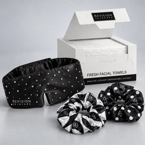 Revision gift set with Fresh facial towels, rhinestone eye sleep maks and 2 scrunchies.
