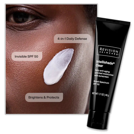 Revision Skincare Intellishade Clear daily anti-aging moisturizer with sunscreen SPF 50 in a black squeeze tube, shown next to a close-up of a model's face with a white cream swatch and text callouts.