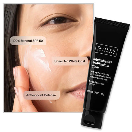 Revision Skincare Intellishade TruPhysical Clear SPF 50 sunscreen in a black squeeze tube, shown next to a close-up of a woman's face with sunscreen applied and text callouts.
