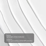 White cream texture with diagonal swirled lines and a semi-transparent label reading 'Texture Lightweight, oil-free moisturizer Suited for All skin types seeking untinted SPF protection'.