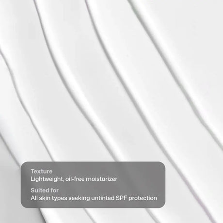 White cream texture with diagonal swirled lines and a semi-transparent label reading 'Texture Lightweight, oil-free moisturizer Suited for All skin types seeking untinted SPF protection'.