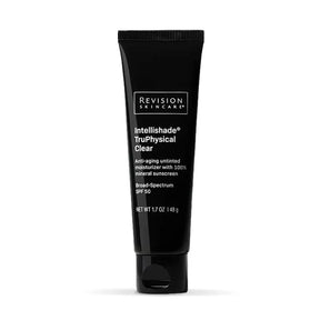 A black squeeze tube of Revision Skincare Intellishade TruPhysical Clear sunscreen, shown against a plain white background.