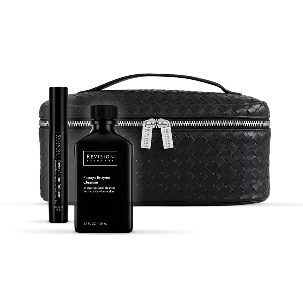 Gift- Revision Papaya Cleanser Travel Size, Revox Line Relaxer Travel Size, and Deluxe Cosmetic Bag