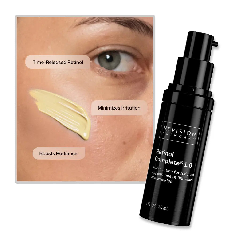 Revision Skincare Retinol Complete 1.0 facial lotion in a black pump bottle, shown alongside an inset graphic of a person's eye and cheek with a smear of cream labeled with benefits like time-released retinol and minimized irritation.