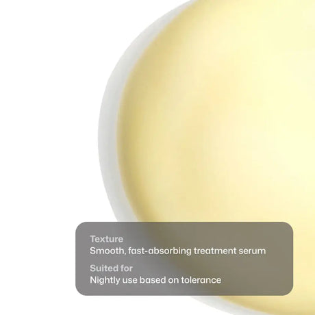 A close-up of Revision Skincare Retinol Complete 1.0, with a text overlay describing the texture as smooth and fast-absorbing treatment serum, suited for nightly use.