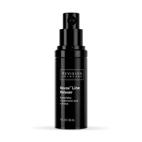 A black cylindrical pump bottle of Revision Skincare Revox Line Relaxer 1 fl oz, shown against a plain white background.