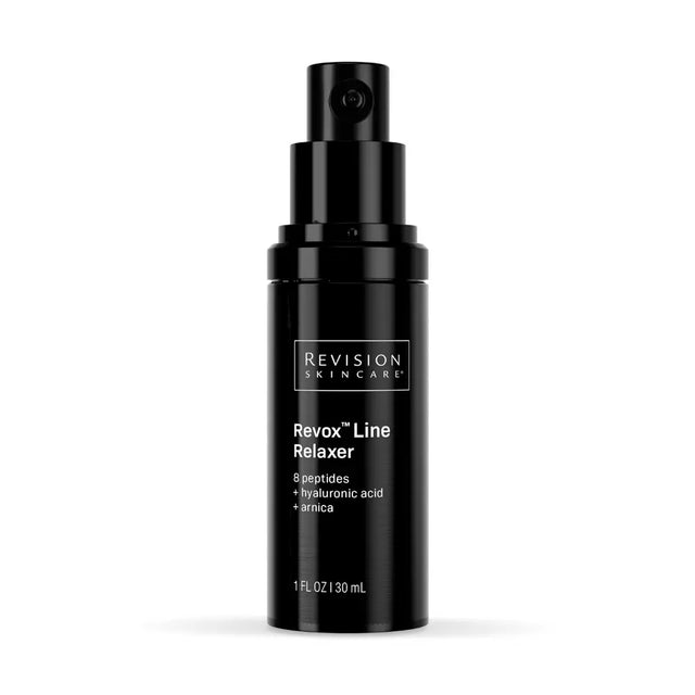 A black cylindrical pump bottle of Revision Skincare Revox Line Relaxer 1 fl oz, shown against a plain white background.