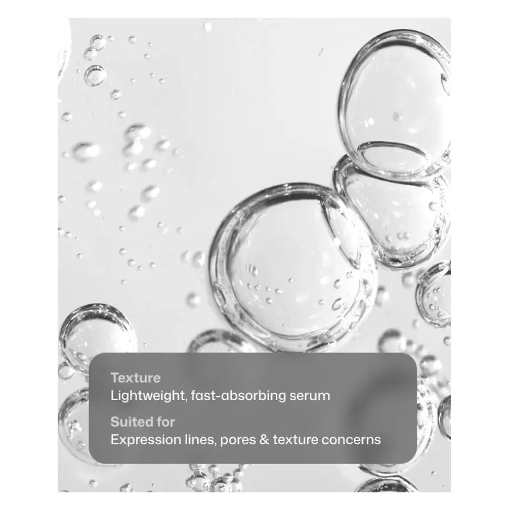 A close-up of cRevox™ Line Relaxer on a pale gray-white surface, with a semi-transparent dark gray text box overlay reading: 'Texture Lightweight, fast-absorbing serum Suited for Expression lines, pores & texture concerns'.
