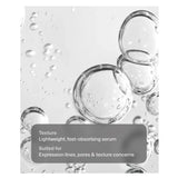 A close-up of cRevox™ Line Relaxer on a pale gray-white surface, with a semi-transparent dark gray text box overlay reading: 'Texture Lightweight, fast-absorbing serum Suited for Expression lines, pores & texture concerns'.