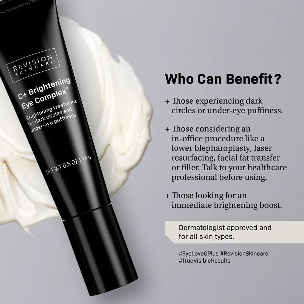 Revision Skincare C+ Brightening Eye Complex with text on benefits and usage.