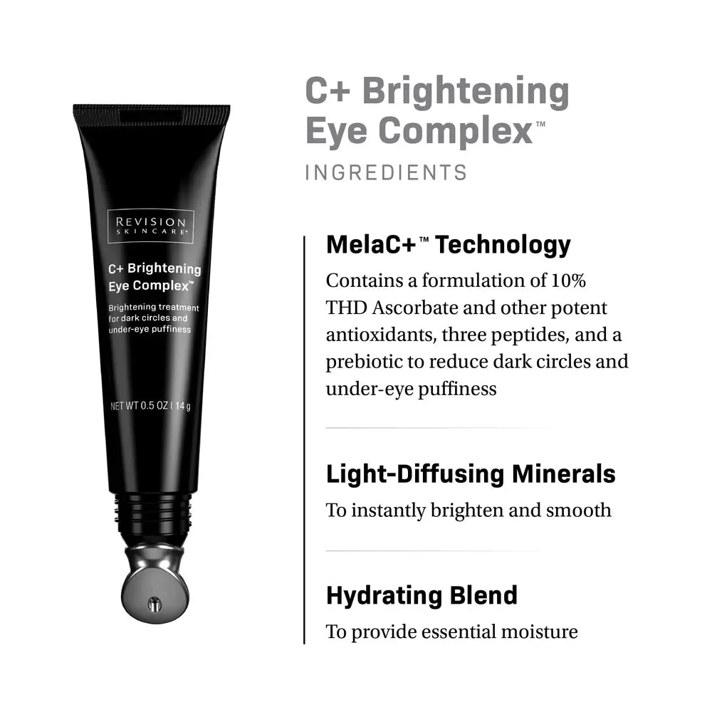 Revision Skincare C+ Brightening Eye Complex with ingredients listed on a white background