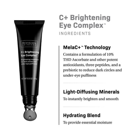 Revision Skincare C+ Brightening Eye Complex with ingredients listed on a white background