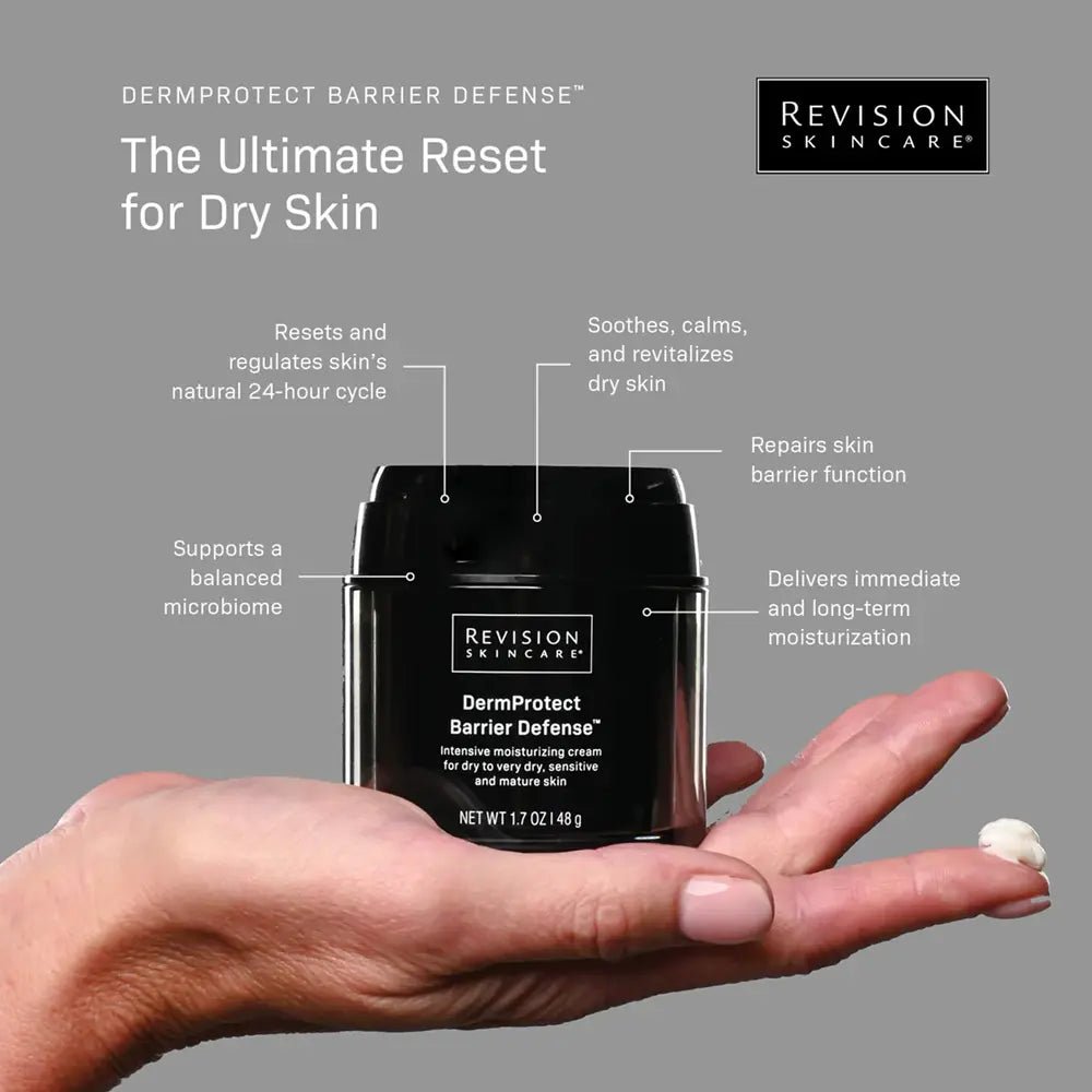 Revision Skincare DermProtect Barrier Defense cream with hand holding it on a gray background