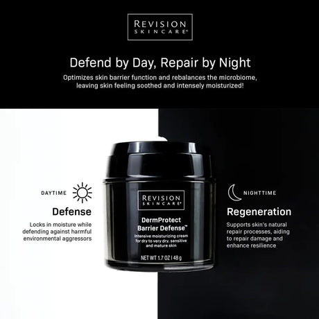 Revision Skincare DermProtect Barrier Defense cream packaging with product description on a black and white background.