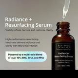 Revision Skincare Radiance + Resurfacing Serum bottle with dropper on a gray background