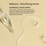 Radiance + Resurfacing Serum with text about chemical exfoliants on a beige background