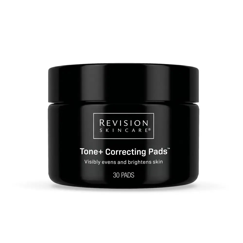 A jar of Revision Skincare Tone+ Correcting Pads that visibly evens and brightens skin on a clean white background.