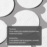 Close-up of Revision Skincare Tone+ Correcting Pads with a dark gray text box overlay describing them as dual-sided, pre-soaked, alcohol-free treatment pads suited for 3-4x weekly use.
