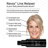 Revox Line Relaxer serum bottle shown on a white background with marketing text and a close-up of a woman's face indicating skin line reduction areas.