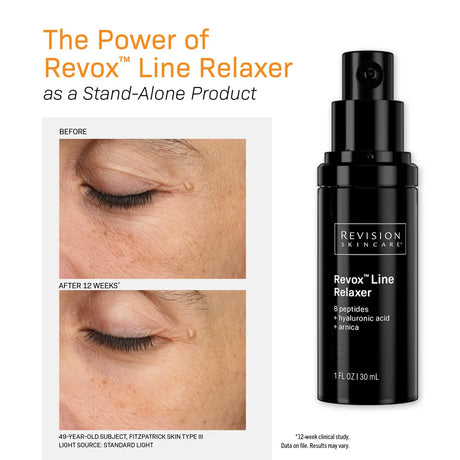 Revision Skincare Revox Line Relaxer pump bottle shown next to a before-and-after eye skin photo demonstrating the effects of the product over 12 weeks.